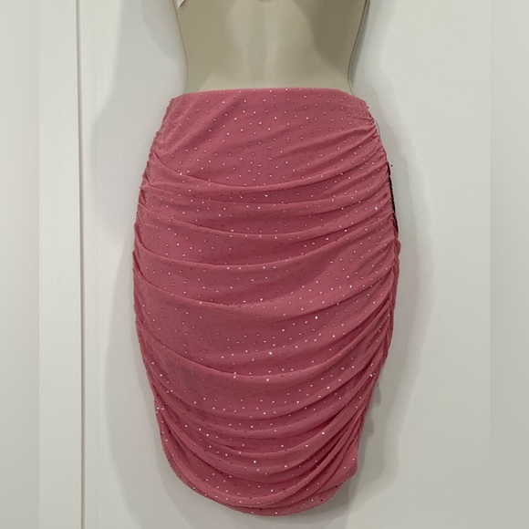 AFRM Desani Mini Skirt Rhinestone Dotted Ruched Sparkly Mauve Pink Medium New - Picture 2 of 10
